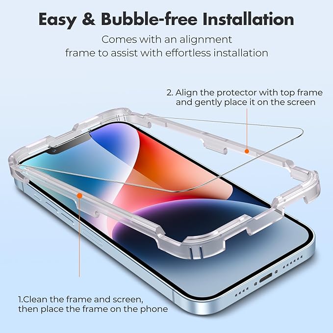 UNBREAKcable 2-Pack Screen Protector for iPhone 16e/14/13/13 Pro, Double Shatterproof Tempered Glass [Easy Installation Frame] [9H Hardness] [99.99% HD Clear] [Case Friendly] for iPhone 6.1 inch