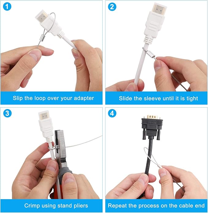 Cable Tethers 5 Pack with Crimping Tool (12 Inches, White Color), Adjustable Security Cable Look, Universal DIY Adapter Tethering Ties Kit for Computer Cord, Pre-Assembled, Tamper-Resistant