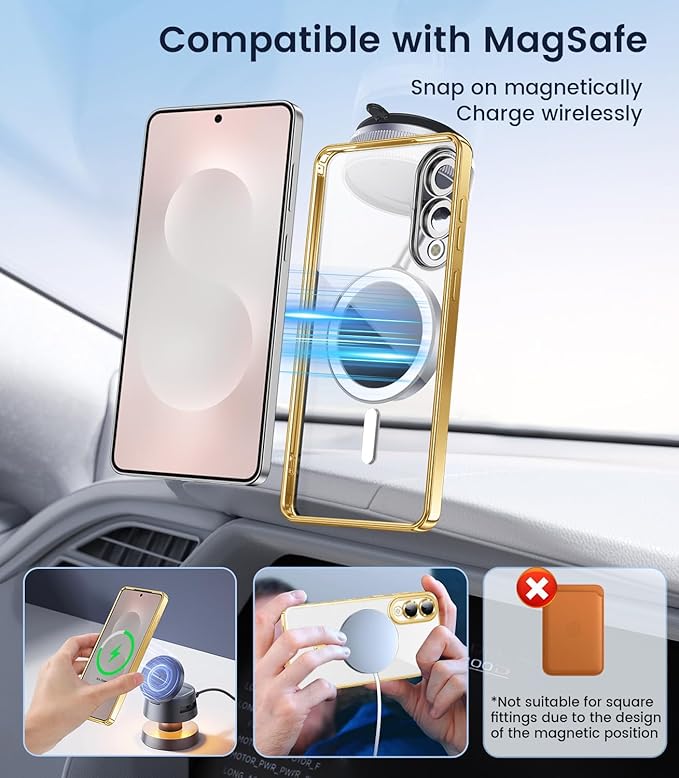 Slim Thin for Samsung Galaxy S25 Edge Case, Compatible with MagSafe, Built-in Camera Lens Protector, Shockproof Protective Phone Case, Soft Electroplated Clear Cover, Gold