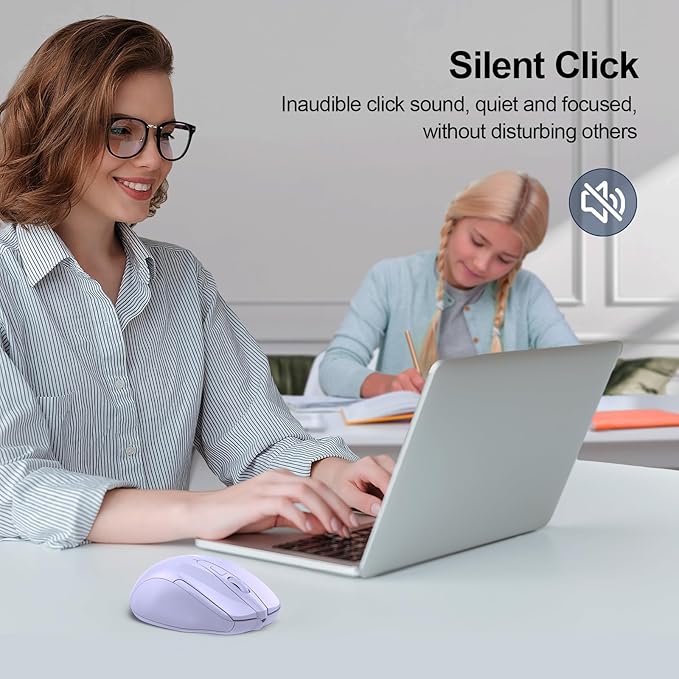 TECKNET Wireless Mouse (2.4G & BT5.0/3.0) Silent 4800 DPI Computer USB A & Bluetooth Mouse 6 Buttons, Wide Compatibility - Lavender