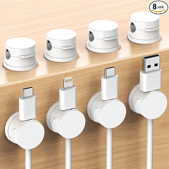 Cord Organizer, Rotatable Cable Organizer 8 Pack, No-Residue Adhesive Spring Cable Clips, Cord Holder for Nightstand, Kitchen, Office Accessories and Car (White)