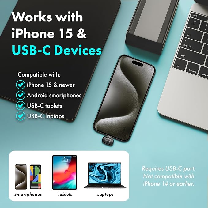 Movo NanoMic Dual USB-C Wireless Microphone for iPhone 15/16 and Up, Android, iPad Pro & Laptops – Wireless Lavalier Mic for USB-C Smartphones & Devices, Great for Vlogging & TikTok
