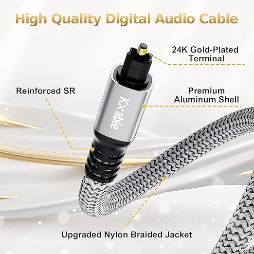Optical Audio Cable 6.6FT /2M, Digital Audio Cable, Toslink Fiber Optic Cord, [Nylon Braided, Slim Aluminum Shell, Gold Plated Connector], for Home Theater, Sound Bar, PS4, Xbox, TV and More
