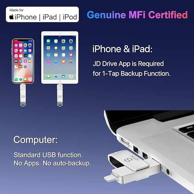 Genuine Apple MFi Certified 128GB iPhone-Photo-Stick Real Capacity iPhone-Memory-Storage-Stick for Photos Videos Contacts USB-Flash-Drive-Thumb-Drive-for-iPhone iPad Android External-Storage
