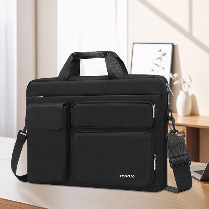 MOSISO Laptop Shoulder Bag, Computer Bag with 2 Raised&1 Flapover&1 Horizontal Pocket&Handle&Belt