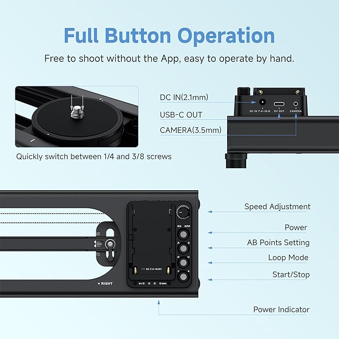 Accsoon Toprig 24inch/60cm Motorized Camera Slider, Bluetooth Video Slider with Button/APP Control, Time-Lapse/Loop Mode, Speed Knob, 120° Panoramic Shooting, Compatible with GoPro, Camera, DSLR