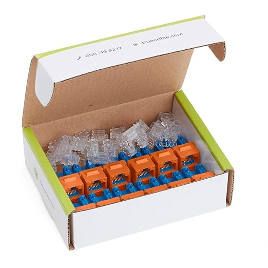 trueCABLE Cat5e Keystone Jack, Unshielded (UTP), 90 Degree Punch-Down, PoE++ (4PPoE) 100W, UL Listed, ETL Verified, ANSI/TIA Certified, Modular RJ45 Female, Orange, 12 Pack