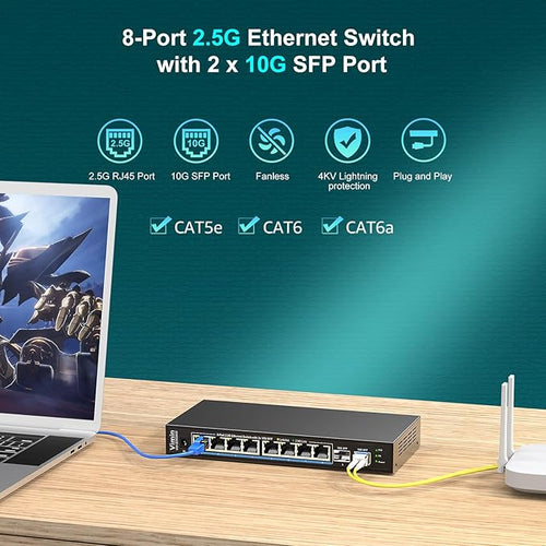 10 Port 2.5G Switch Unmanaged, VIMIN 8X 2.5G Switch base-T Ports+2X10G SFP+ Port, 80Gbps Switching Capacity, 2.5G 8 Port Ethernet Switch, Metal Housing, Fanless, Work for 2.5Gbps NAS, Wireless AP & PC