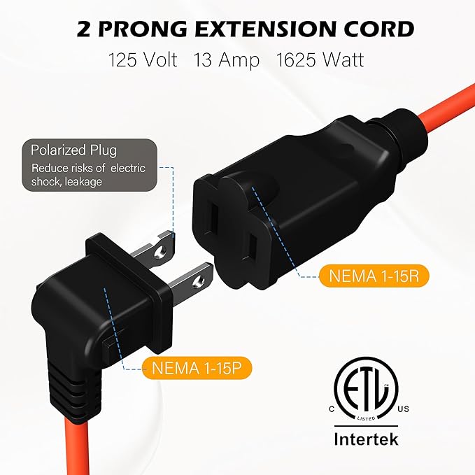 90 Degree 2 Prong Polarized Outdoor Power Extension Cord 30 FT, Angled Low-Profile Plug, 16 Gauge 125V SJTW Waterproof Long Cable for Home Office Lawnmower Garden Tools Lights, ETL+Ties-Bright Orange