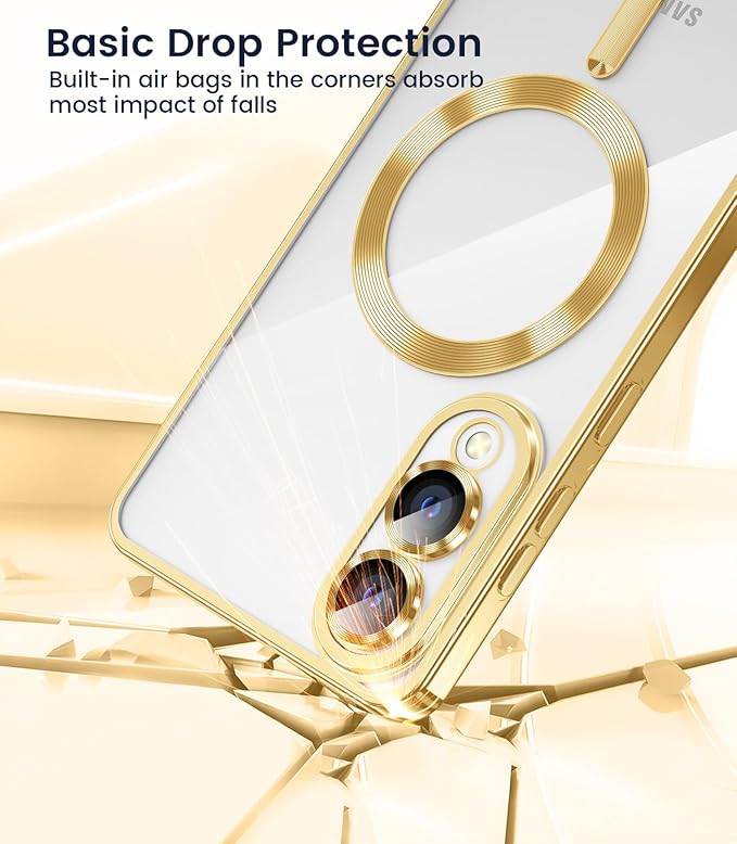 Slim Thin for Samsung Galaxy S25 Edge Case, Compatible with MagSafe, Built-in Camera Lens Protector, Shockproof Protective Phone Case, Soft Electroplated Clear Cover, Gold