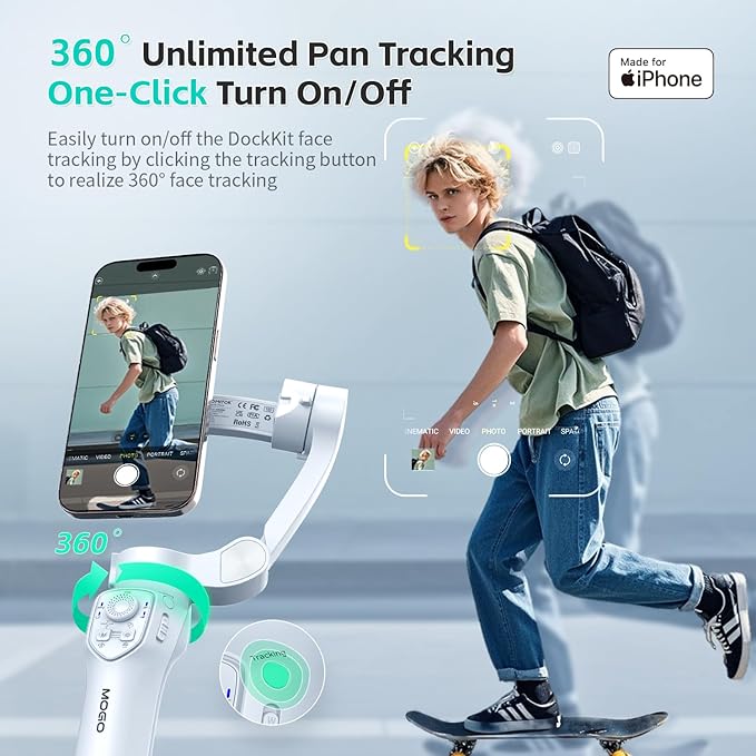 MOGO Only for iPhone, Gimbal Stabilizer for iPhone, [Apple MFi Certified] Cell Phone Gimbal Stabilizer with 360 Degree Tracking for Video Recording, NFC Pair and Magnetic for iPhone 16 Pro Max