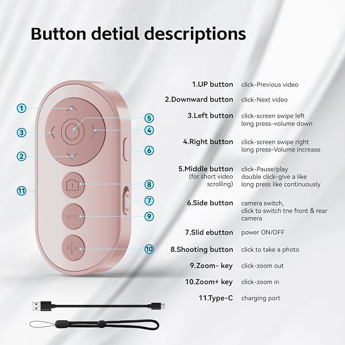 Bluetooth Camera Remote Shutter with Zoom and Front/Rear Camera Switch for Photo and Vlogging,Cllphone Remote Clicker for iOS & Android Smartphone, Wireless Video Scrolling for Tiktok