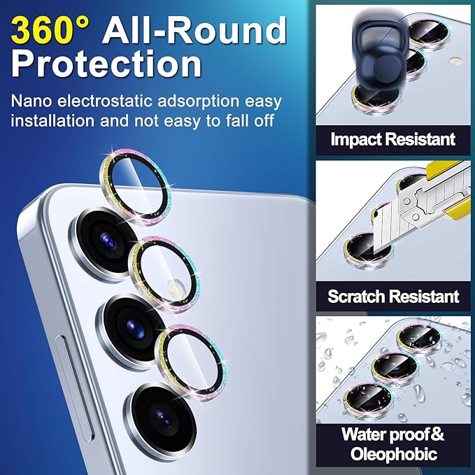for Samsung Galaxy S25 Camera Lens Protector, Individual Metal Ring Tempered Glass Lens Cover, [Strong Adsorption] Scratch Resistant Ultra-Thin HD Clear Lens Cover, 1 Set-Colorful Sparkly