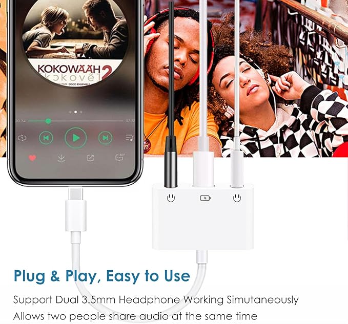 USB C to 3.5mm Audio Adapter, 3-in-1 Aux to USB C Headphone Splitter with PD Fast Charging, 3.5mm to USB C Headphone Jack Adapter Compatible with iPhone 15/16, iPad Pro, Galaxy S24/S23, and More