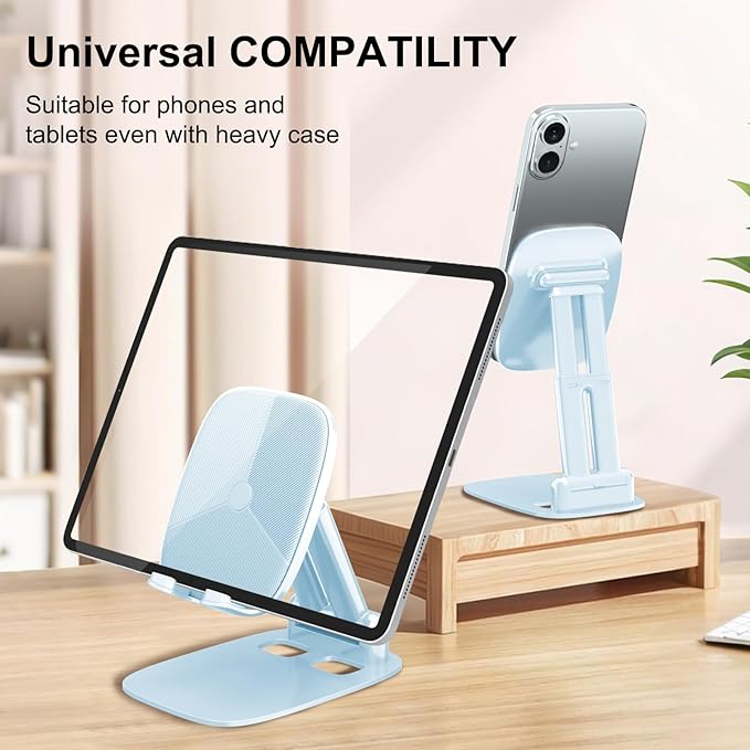 DEERLAMN Cell Phone Stand for Desk, Height Adjustable Cell Phone Holder Portable Desktop Stand, Travel Home Office Desk Accessories Compatible with iPhone 16/15/14/13/12/11 All Smartphone - Light Blue