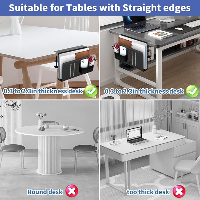 Desk Side Storage, Desk Laptop Holder with Anti-Scratch Pad & Magnetic Pen Holder, No Drill Hanging Table Organizer for Office and Home Fits Flat Edge 0.3" to 2.3"