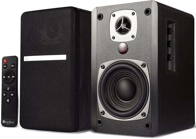 SINGING WOOD BT27 Active Powered Bluetooth Bookshelf Speakers for Studio Monitor TV Turntable Computer- 60 Watts RMS - Wood Grain Finish (Black)