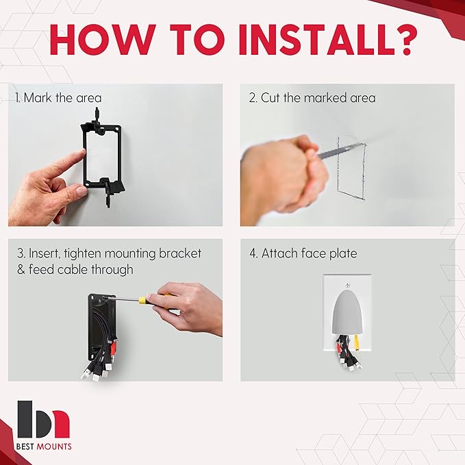 BestMounts - 1 Pack In Wall Cable Management Kit - Recessed Wall Plate Cable Pass Through Pair with Single Gang Low Voltage Mounting Bracket - TV Cord Hider for Wall Mounted TV ETL Listed
