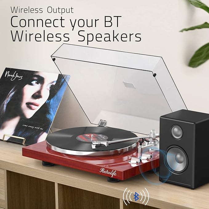 Record Player Turntables for Vinyl Record Belt-Drive Wireless Output Connectivity Phono Line Out USB Digital to PC Recording MM Audio Cartridge Stylus Counterweight Piano Shiny Classic Red