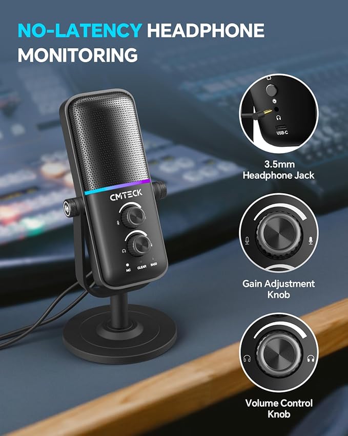 CMTECK USB Microphone for PC, PS4/PS5, Laptop – Computer Microphone with RGB Lighting, Mute Button, Mic Gain, Plug & Play, 3 Sound Modes for Streaming, Podcasting, Recording