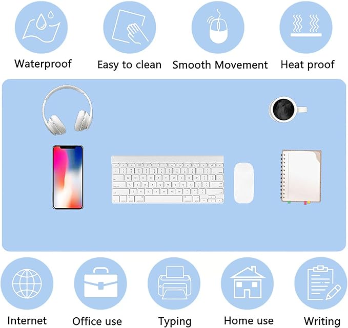PU Leather Desk Pad Protector Gaming Mouse Pad Non Slip Desk Mat for Keyboard and Mouse Waterproof Desk Writing Pad for Office and Home Desk Accessories（Blue, 23.6 * 11.8
