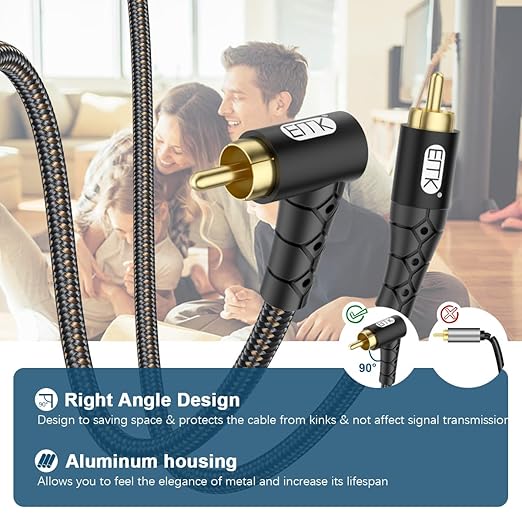 EMK 90 Degree RCA Subwoofer Cable 24K Gold-Plated Connector Nylon Braided Double Shielded – Support Digital & Analog Signals for Amplifier, Home Theater, Hi-Fi System,Subwoofer Black/10ft/3m