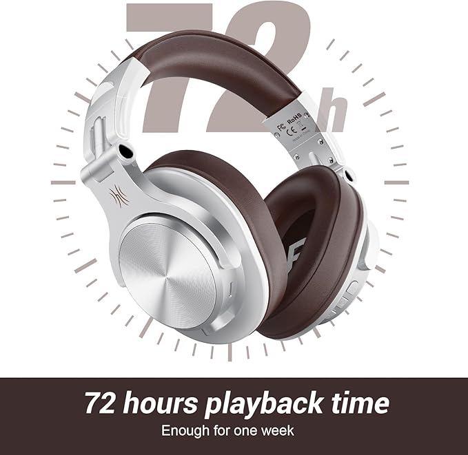 OneOdio A70 Bluetooth Over Ear Headphones, Wireless Headphones w/ 72H Playtime, Hi-Res, 3.5mm/6.35mm Wired Audio Jack for Studio Monitor & Mixing DJ E-Guitar AMP, Computer Laptop PC Tablet - Silver