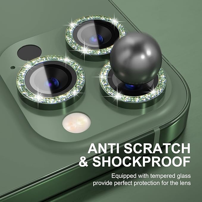 Choiche [3+1 for iPhone 13 Pro/iPhone 13 Pro Max Camera Lens Protector Bling, 9H Tempered Glass Camera Cover Screen Protector Metal Ring Decoration Accessories (Glitter-Alpine Green)
