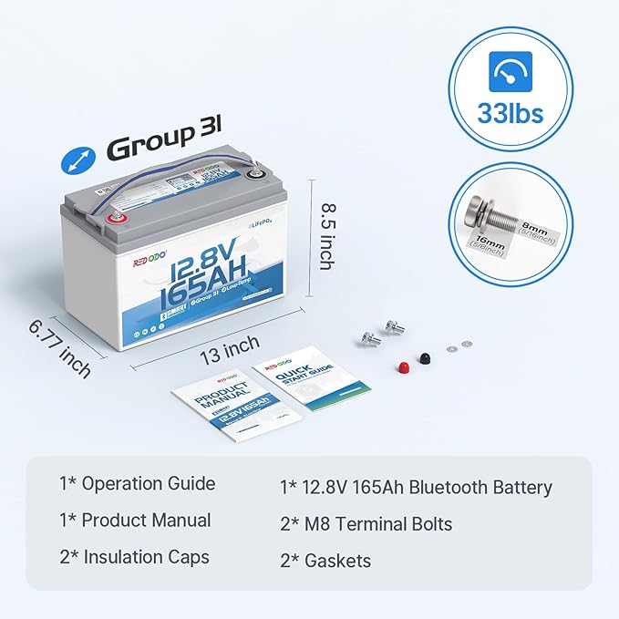 Redodo 12V 165Ah LiFePO4 Battery with Bluetooth, 165A BMS, 2112Wh, Group 31 Lithium Battery with 1.65X Longer Lasting, Perfect for RV, Marine, Solar