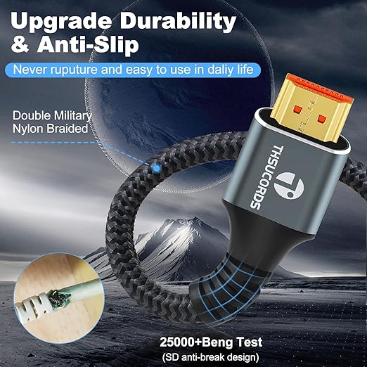 8K 4K HDMI Cable 6.6FT, High Speed Braided HDMI to HDMI 2.1 Cord Supports 8K@60Hz, 4K@120Hz 144Hz 48Gbps Compatible with Roku TV/PS5/HDTV/Blu-ray