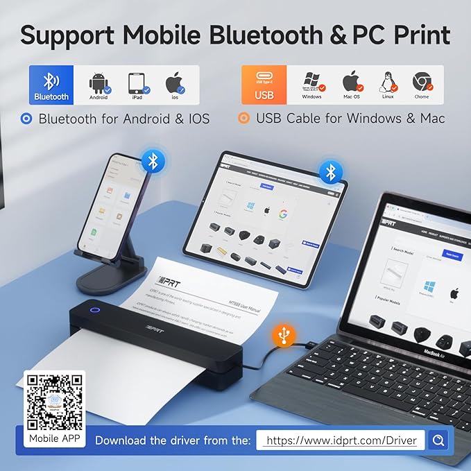 iDPRT Portable Printer Wireless for Travel - Bluetooth Mobile Printer Support for 8.5"x11" US Letter, Inkless Compatible with iOS, Android, Laptop for Office, Car and Home (pro, Black)