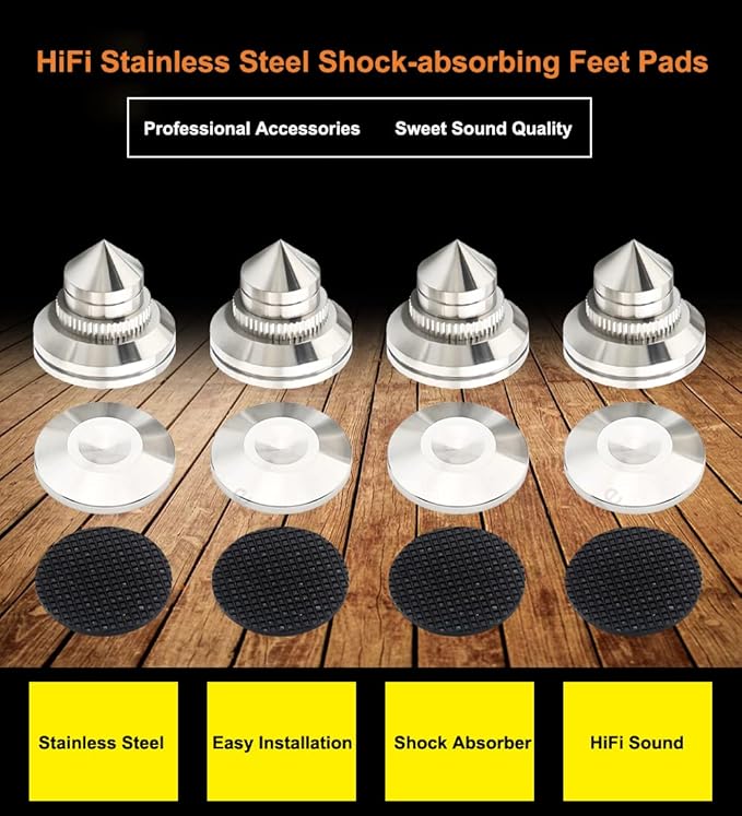 4 Sets Speaker Isolation Stand Feet, Stainless Steel Speaker Base Pads, Shockproof 28-32mm Adjustable Speaker Vibration Absorber Spike Cone Mats for Amplifier Turntable DAC Recorder CD (27x29x5MM)