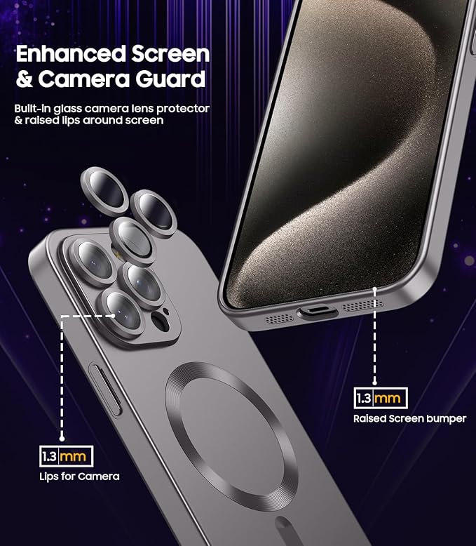 Magnetic for iPhone 15 Pro Case [Compatible with MagSafe][Built-in Camera Lens Protector] Slim Soft Silicone Bumper Shockproof Metallic Shine Phone Case (Gray)