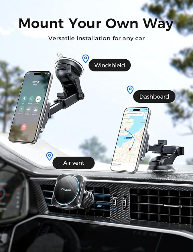 CHGeek for 15W Magsafe Car Mount Charger, iPhone Wireless Car Charger Magnetic Car Phone Holder Mount Fit iPhone 16 15 14 13 Magsafe Case, Vent/Windshield/Dash Phone Mount Holder Fast Cooling Charger