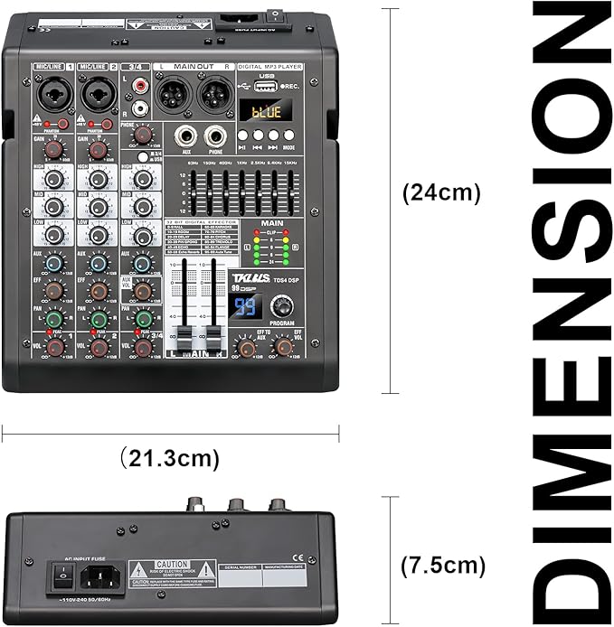 Audio Mixer, 4 Channel Sound Board Mixing Console with 99-Bit DSP, 7-Band Eq Output, Digital MP3 Computer Input, Professional DJ Mixer Board with 48V Phantom Power Stereofor Recording Live
