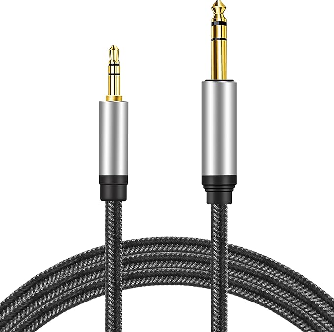 3.5 mm to 6.35 mm Audio Cable 15Ft, Gold-Plated Terminal Silver Color Zinc Alloy Housing 3.5mm 1/8" Male TRS to 6.35mm 1/4" Male TRS Nylon Braided Stereo Audio Cable for Cellphone, Amplifiers(15Ft/5M)