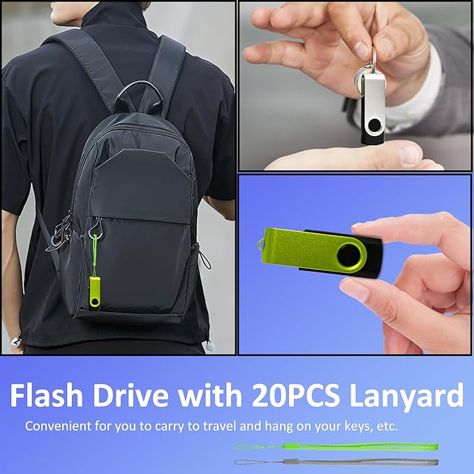 Thumb Drive 16GB FAT32 USB Flash Drives 20 Pack 16 GB USB 2.0 Jump Drives Multipack Flash Memory Stick Zip Drive Pendrive 20Pack with 20PCS Lanyards Label (Green Sliver 16gig)