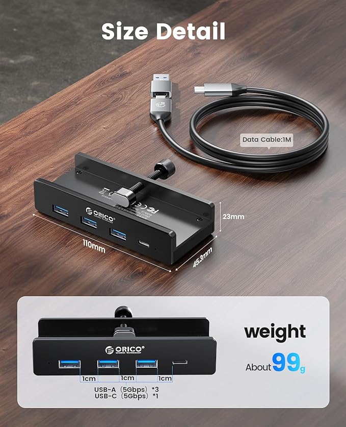 ORICO USB Hub 3.0, Clamp USB Hub with Extra Power Supply Port, Aluminum 4-Port USB Adapter with 3 USB-A Data Ports, USB-C Port for Monitors, Desks (Black)