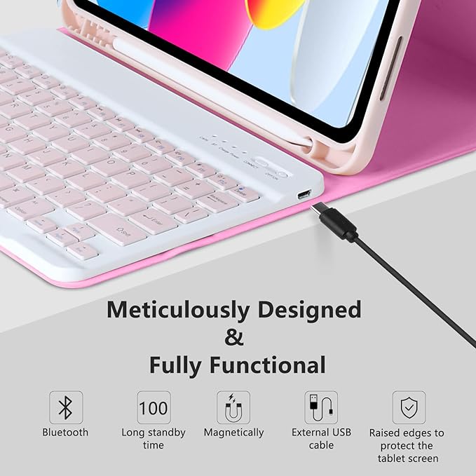 MMK iPad A16 Case (2025, 11"), iPad 10th Generation Case with Keyboard (2022, 10.9"), Wireless Detachable Keyboard, Pencil Holder-Watermelon Red