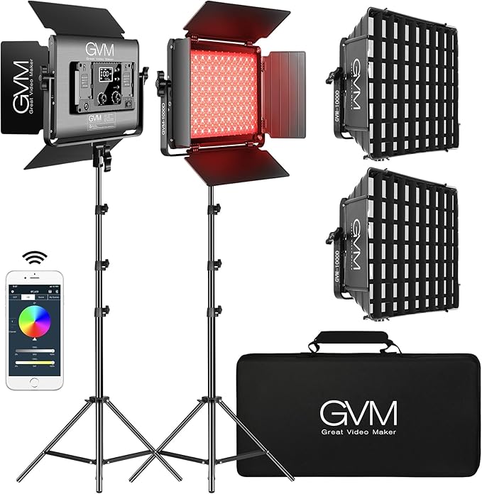 GVM 1000D RGB Led Video Light with 2 Softboxes, Photography Lighting Kit with Bluetooth Control, Full Color Video Lighting Kit with 18 Applicable Scenes, 2 Packs Led Light Panel for Video Shooting
