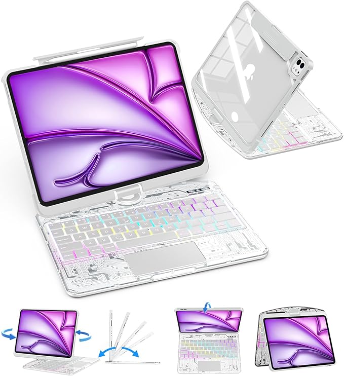 SIEBITU Clear Wireless Keyboard Case for iPad Air 13-inch (M3 2025/M2 2024) & iPad Pro 12.9-inch 6th 5th 4th 3rd Gen with Pencil Holder, Multi-Touch Trackpad & 7-Color Backlit, 360°Rotating, White