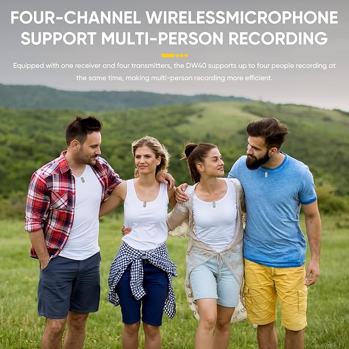7RYMS iRay DW40 4-Channel Wireless Microphone for Cameras, Camcorders, iPhones, Android Phones, Wireless Lavalier Mic-Noise Canceling, 656ft Range, 12.5H Working, Lav Mic for Video Recording(White)