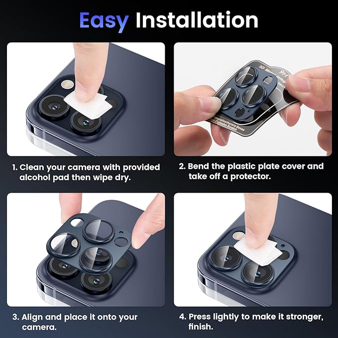 Tensea for iPhone 16 Pro/iPhone 16 Pro Max/iPhone 15 Pro/iPhone 15 Pro Max Camera Lens Protector, Metal Aluminum Alloy Tempered Glass Cover Camera Screen Protector Accessories, Case Friendly Blue