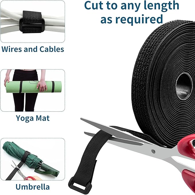 26Ft x 0.8In Adjustable Cable Straps with 30 Buckles, Free Cut Length, Black Reusable Nylon Fastening Cable Ties,Hook and Loop Securing Strap for Cable Tidy Organizer or Storage