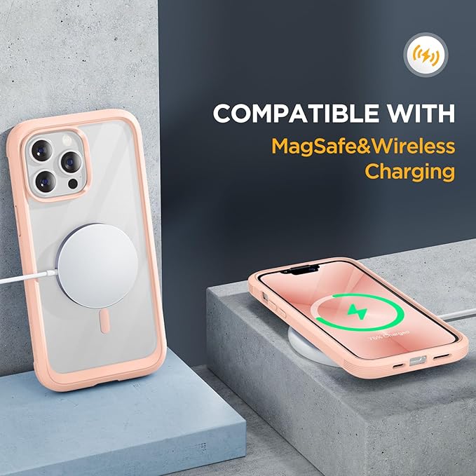 Miracase Magnetic Glass for iPhone 13 Pro Case,Compatible with MagSafe,Full-Body Bumper with Shockproof Military-Grade,Built-in 9H Tempered Glass Screen Protector for iPhone 13 Pro,Pink