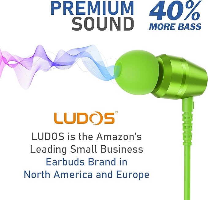LUDOS OMNITONE Wired Earbuds in-Ear Headphones, 5 Years Warranty, Earphones with Microphone, 3.5 mm Jack Corded Ear Buds, Videoconference for iPhone, Samsung, Laptop, Kids, School Students - Green