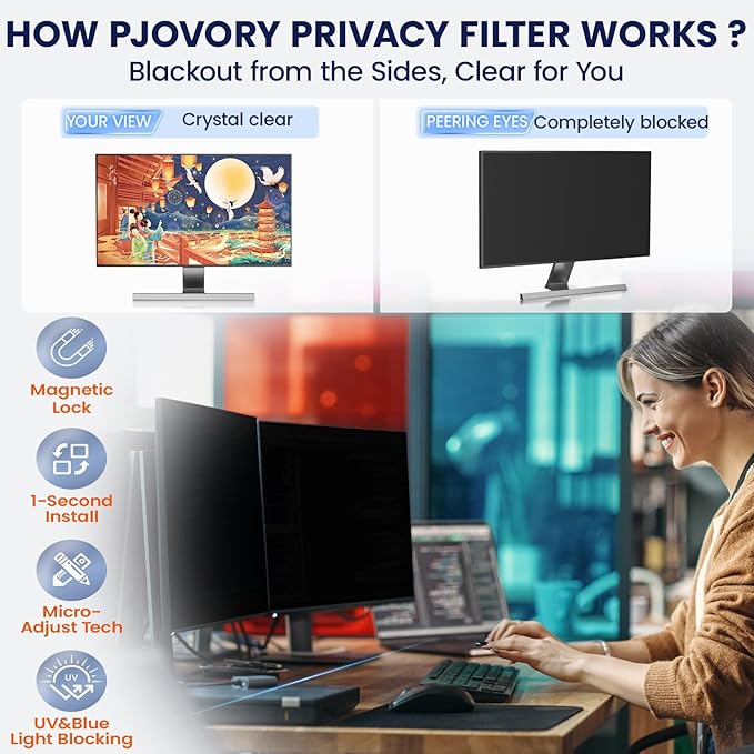 Magnetic Privacy Screen for Frameless Computer Monitor 27 Inch 16:9 Aspect Ratio,Hanging Blue Light Screen Protector Eye Protection Anti-Spy Shield, 27in Removable Privacy Filter