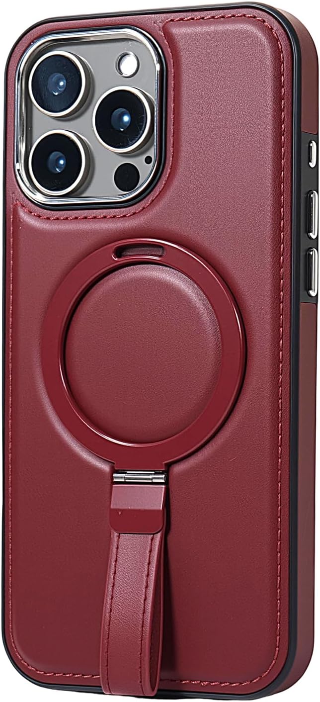 Leather Case, Suitable for iPhone 16 Pro Case, Invisible Magnetic Design, Equipped with a Lanyard and Foldable Stand, Black, Yellow and red (Black, iPhone 16 Pro)