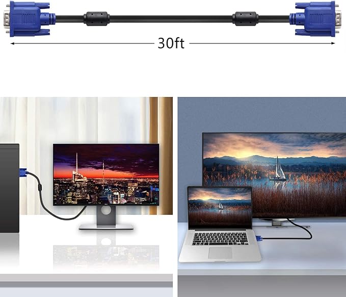 PASOW VGA to VGA Monitor Cable HD15 Male to Male for TV Computer Projector (30 Feet)