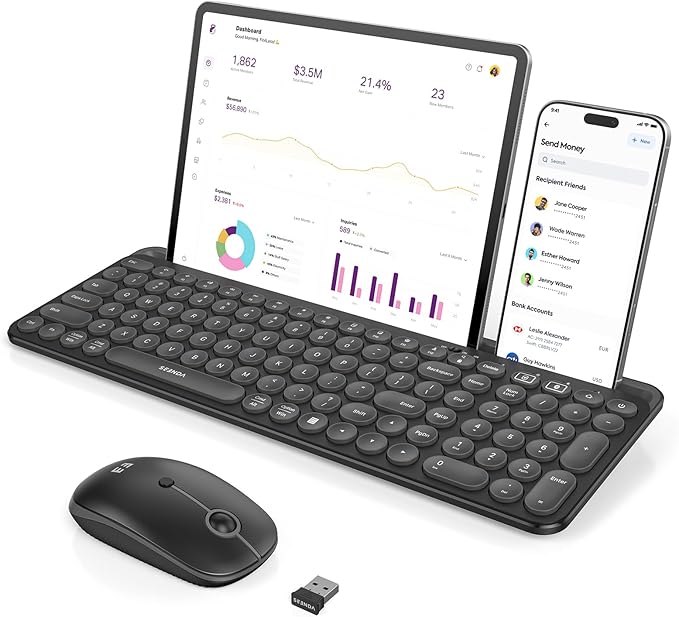seenda Bluetooth Keyboard and Mouse for iPad, Multi-Device Bluetooth + 2.4G Wireless Keyboard Mouse with Tablet Holder for MacBook/Windows Computer, iOS/Andriod Tablet Phone, Black